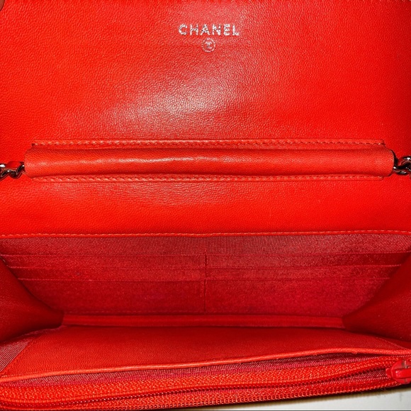 CHANEL Coral Red & Silver Patent Leather Reissue Wallet On Chain WOC - Picture 2 of 8